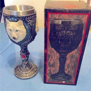 Chalice or goblet with Wolf raised wolf faces around top. Beautiful design.